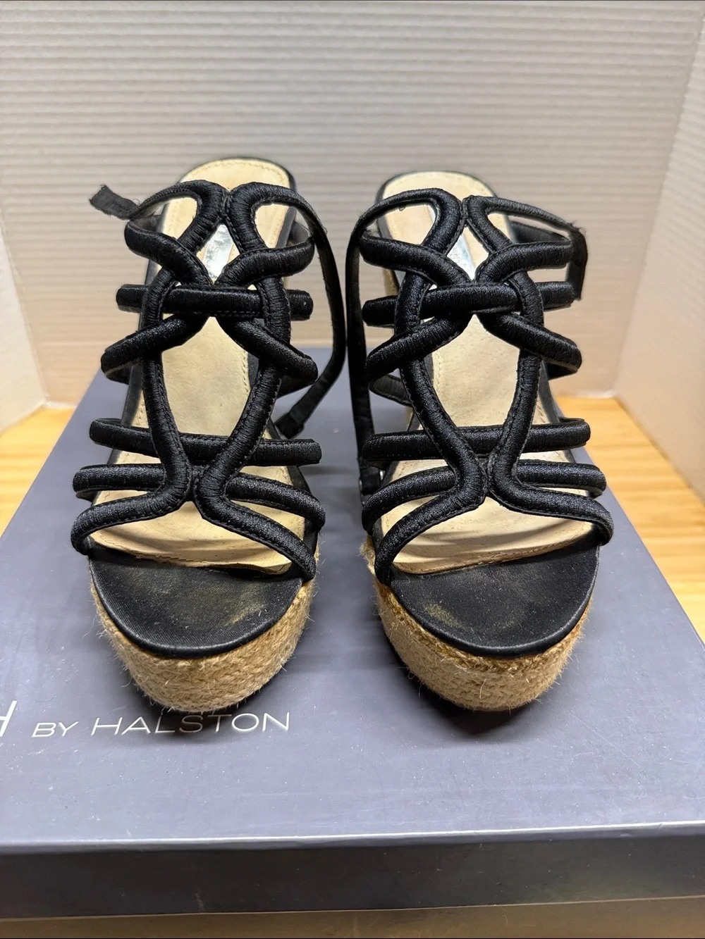 H by Halston Black Strappy Espadrille Wedge Sandals